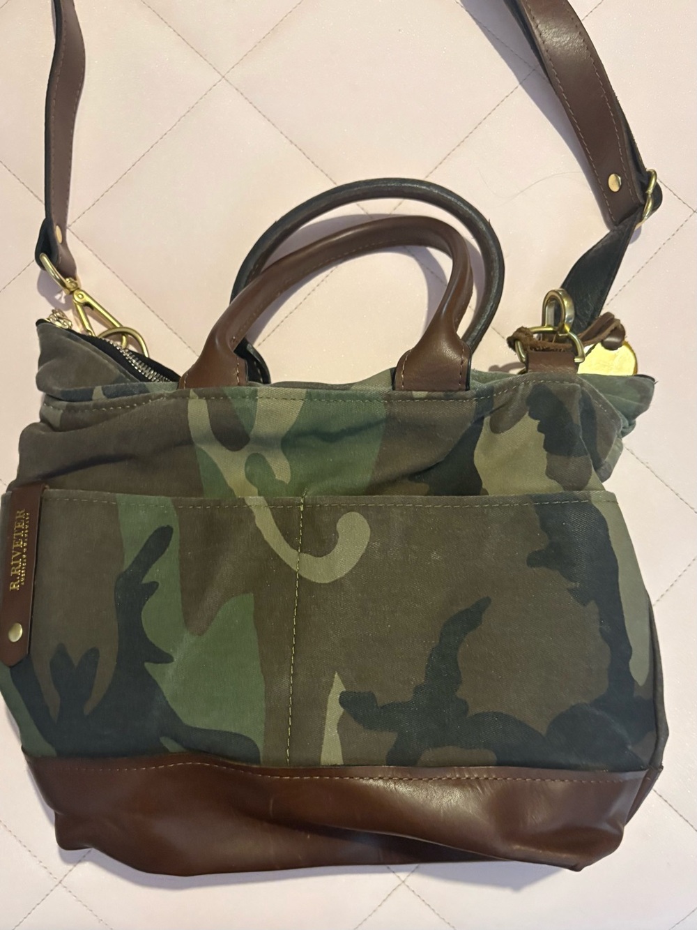 R. Riveter Camo Canvas Tote with Brown Leather Trim
